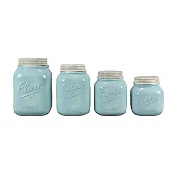 Blue Ceramic 4pc Farmhouse Country Kitchen Jar Set: Flour  Blue Ceramic 4pc Farmhouse Country Kitchen Jar Set: Flour Sugar Coffee Tea 15651